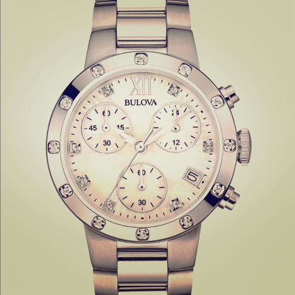 ♥️ BULOVA DIAMOND WATCH Silver Tone Mother of Pearl Face + FREE VALENTINE TEDDY